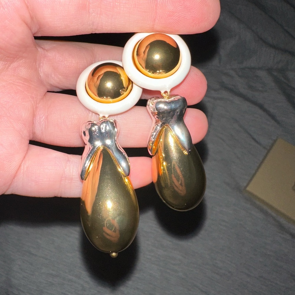 Signed Schiaparelli Gold and White Tooth Drop Earrings